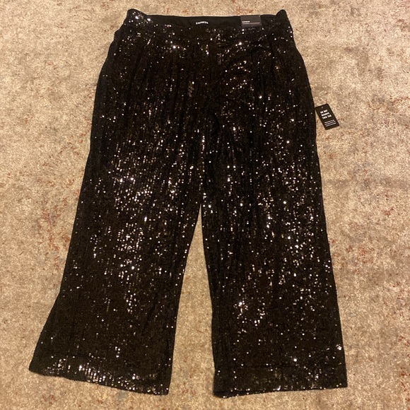 Express Black Sequin Crop Pleated High Waisted Trouser Size L NWT- Party Wear - Picture 3 of 13